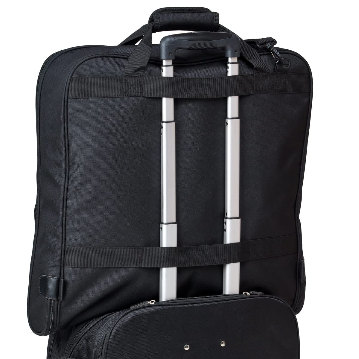 A black garment bag with extendable handles and wheels for easy transport. It features a sturdy design and a logo.