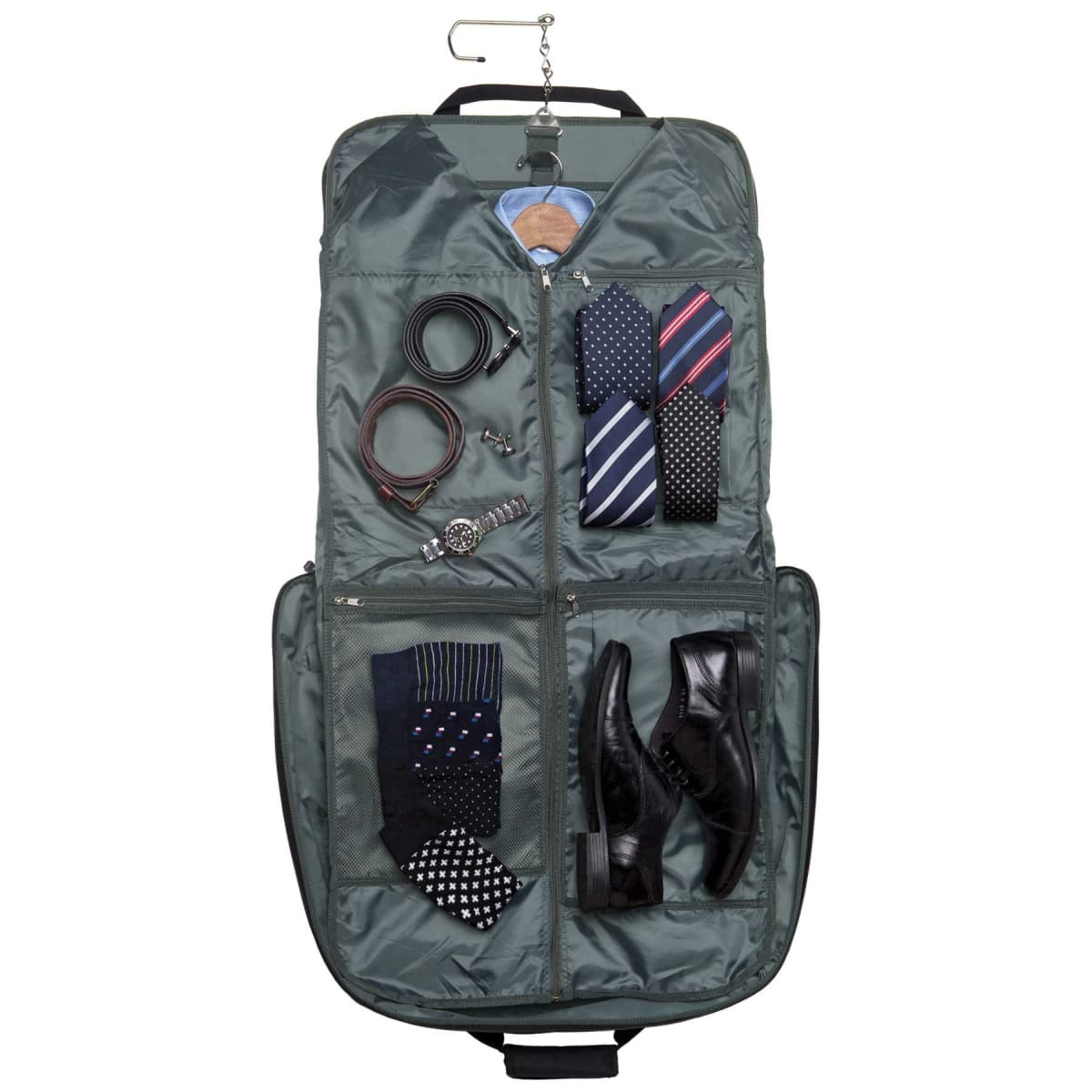 A green garment bag with compartments for ties, socks, a watch, shoes, and a hanger. It features a logo.