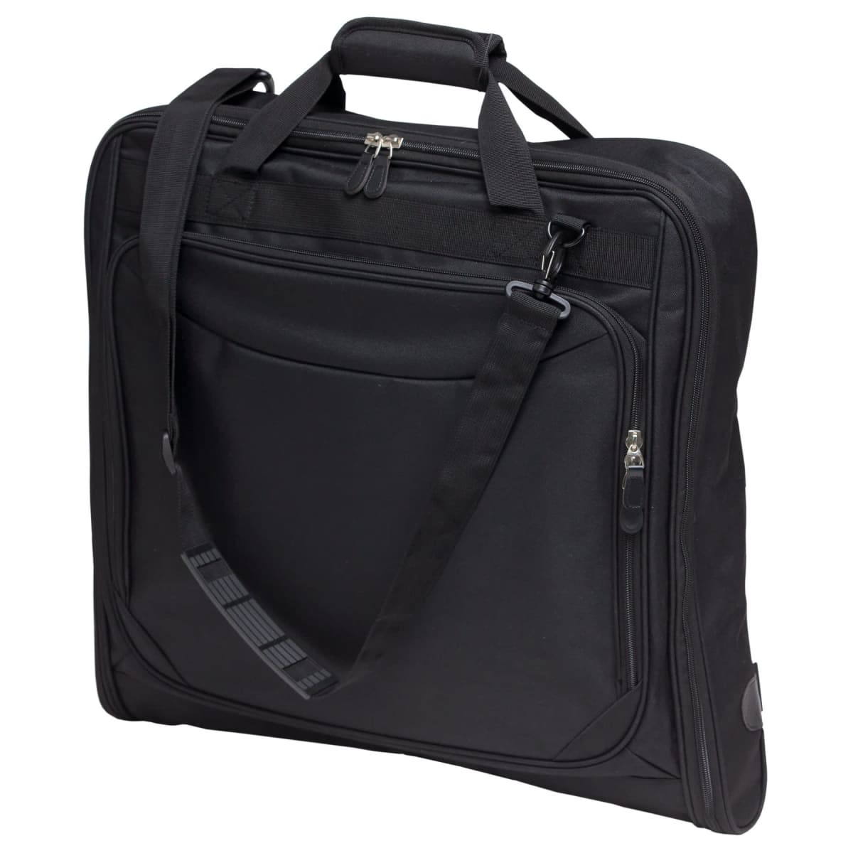 A black Transporter Garment Bag with multiple compartments and a shoulder strap, featuring a handle for easy carrying.