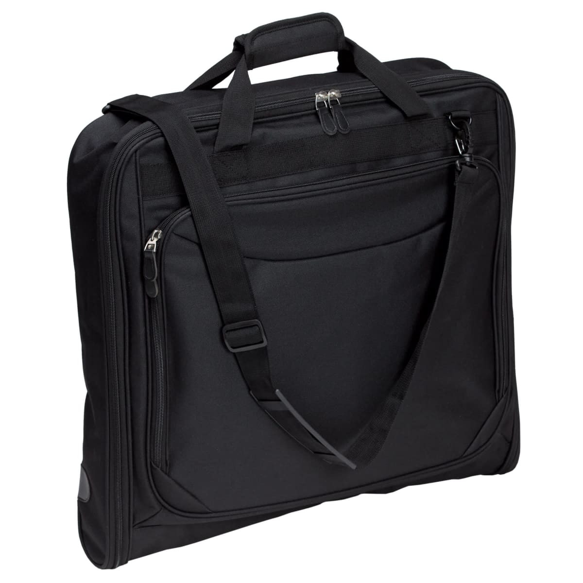 A black Transporter Garment Bag featuring handles and an adjustable shoulder strap, with a zippered opening and front pocket.