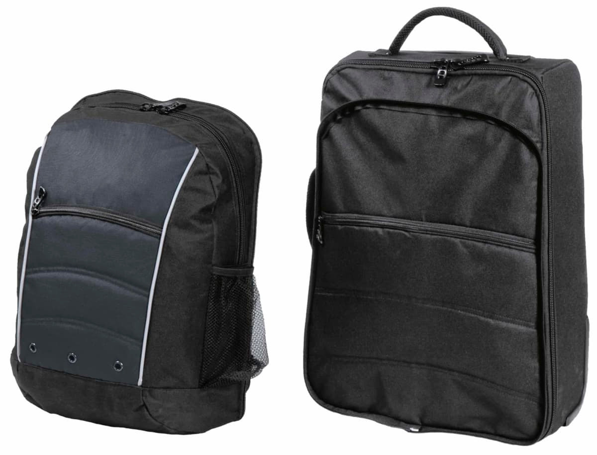 A black wheeled travel bag with multiple compartments, featuring a mesh pocket and a sturdy handle.