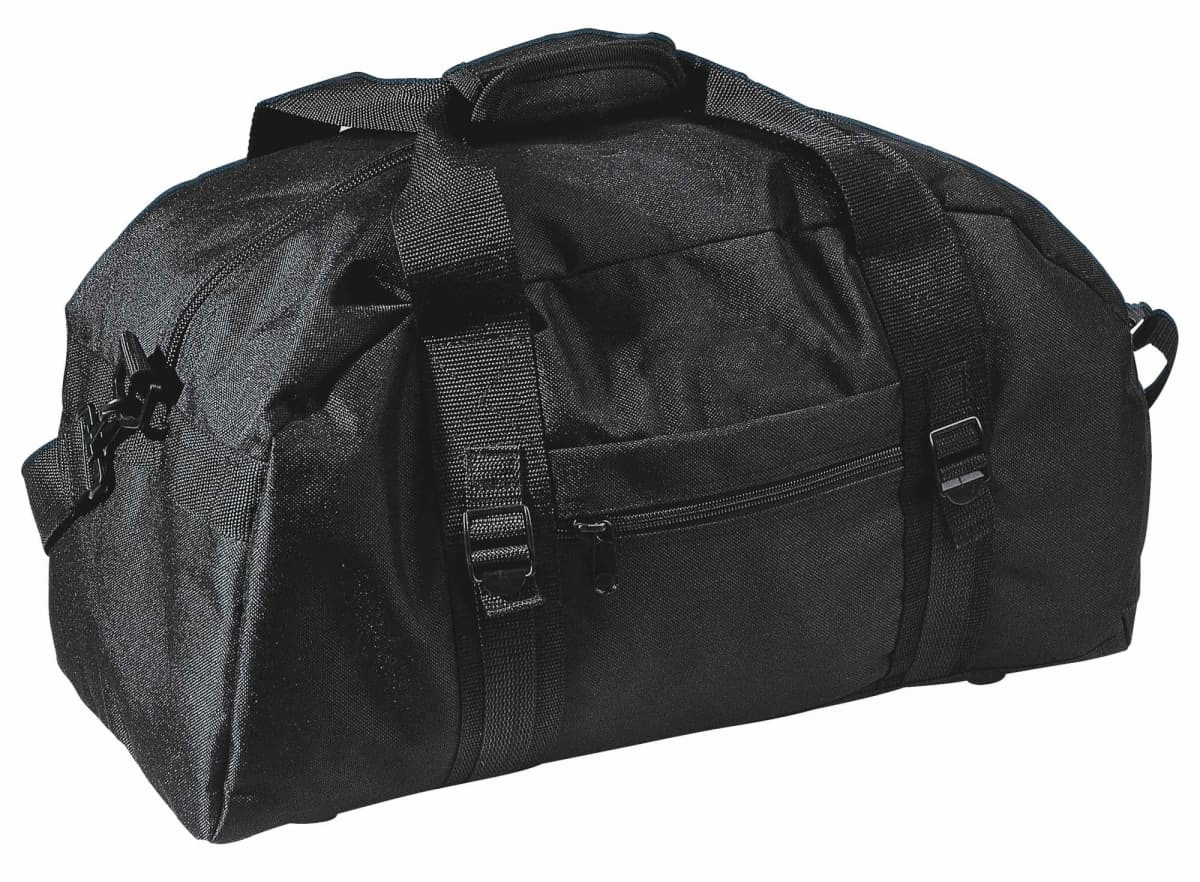 A black duffle bag with multiple straps and compartments, featuring a small front pocket and a logo.
