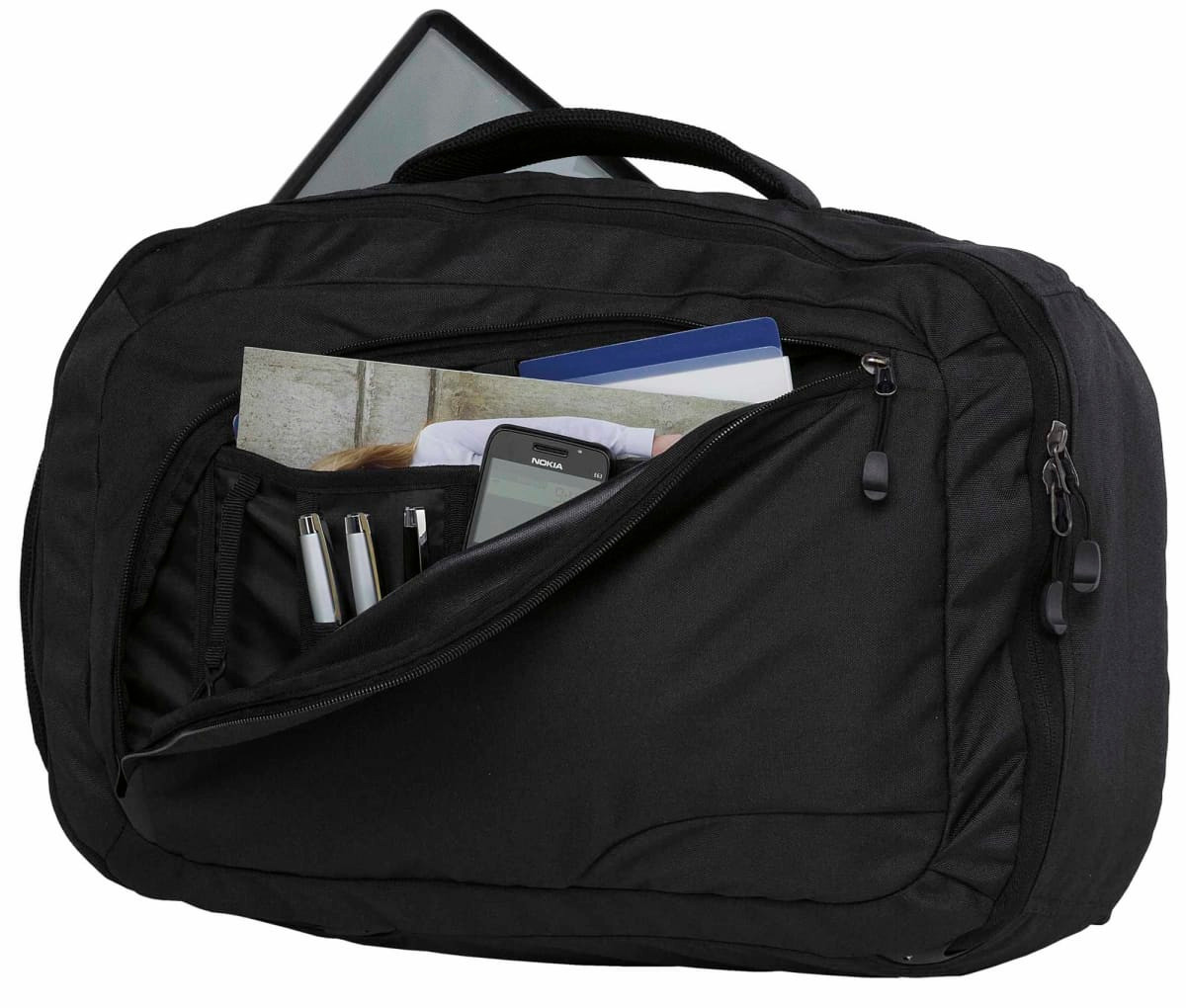 A black laptop bag with a front pocket containing pens, a phone, and documents, plus a tablet visible inside.