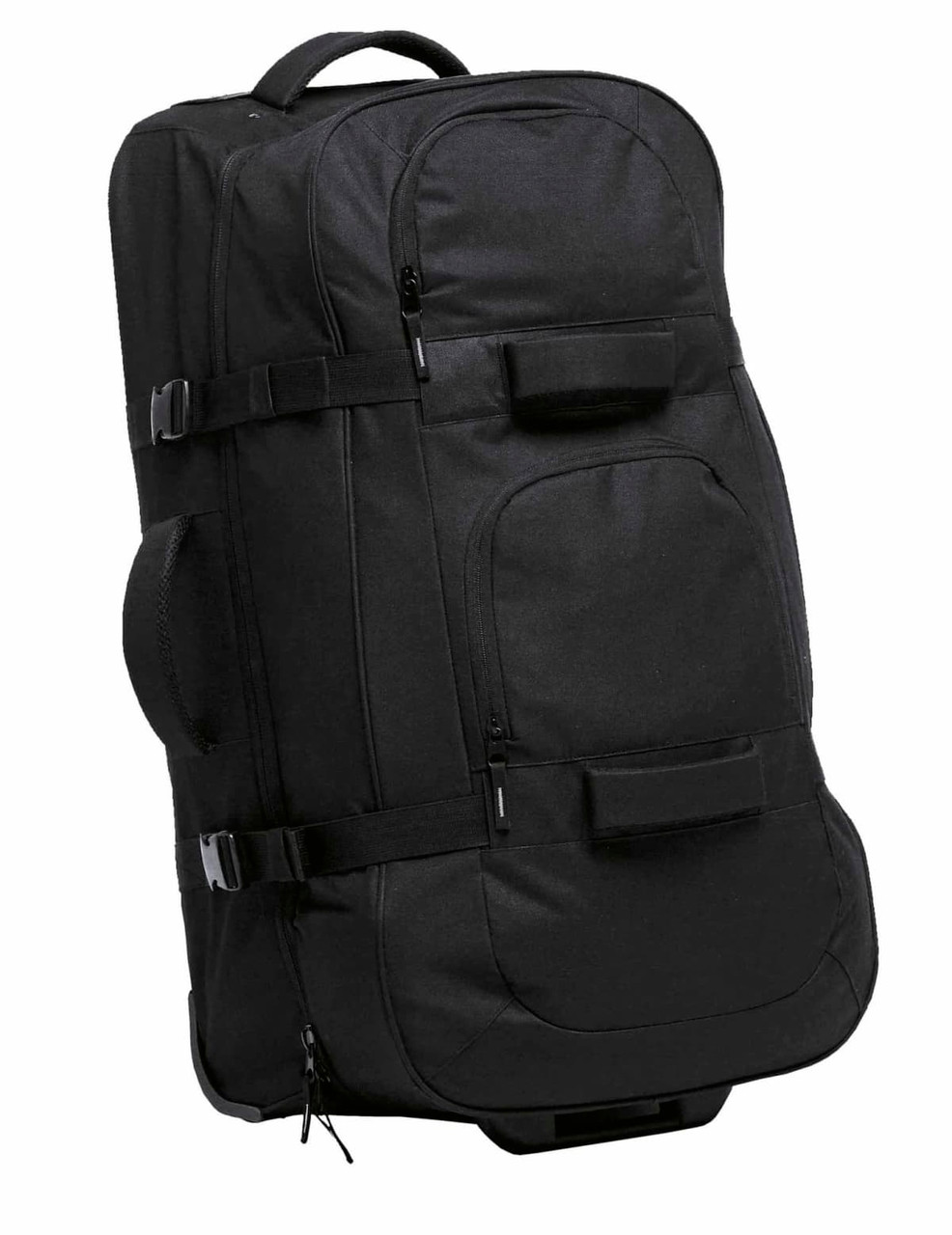 A large black wheeled travel bag with multiple compartments and adjustable straps. It features a logo on the front.