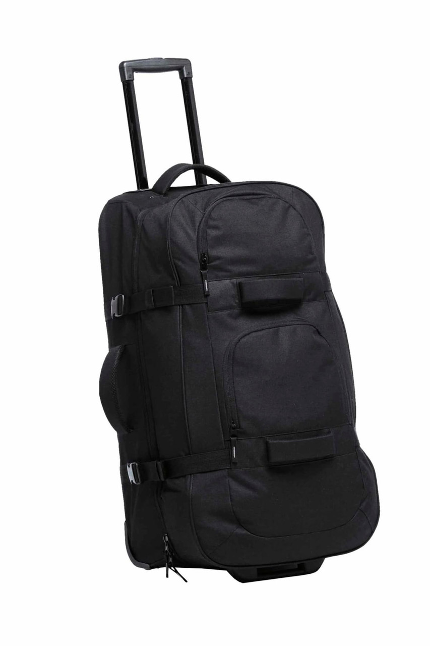 A wheeled travel bag in black, featuring multiple pockets and a retractable handle. The bag has a logo on it.
