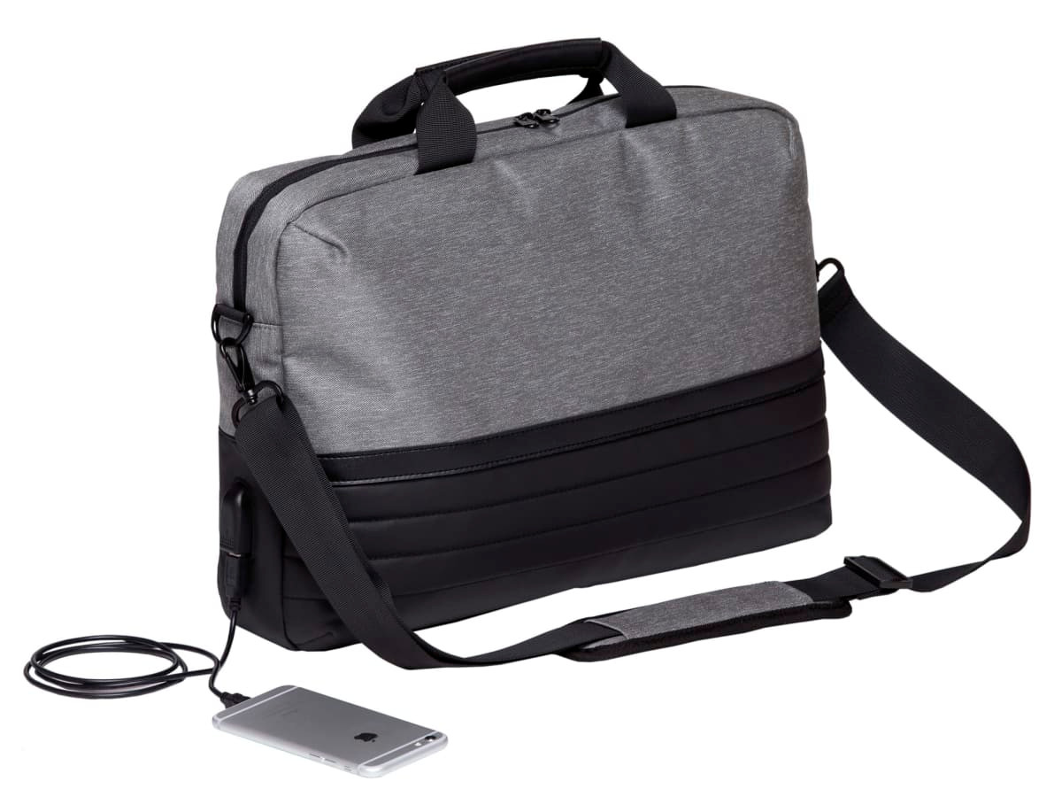 A grey and black laptop bag with a shoulder strap, featuring a side port for charging devices.