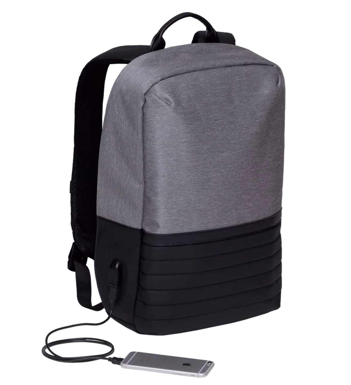 A grey and black wired backpack with a USB charging port, featuring a sleek design and padded shoulder straps.