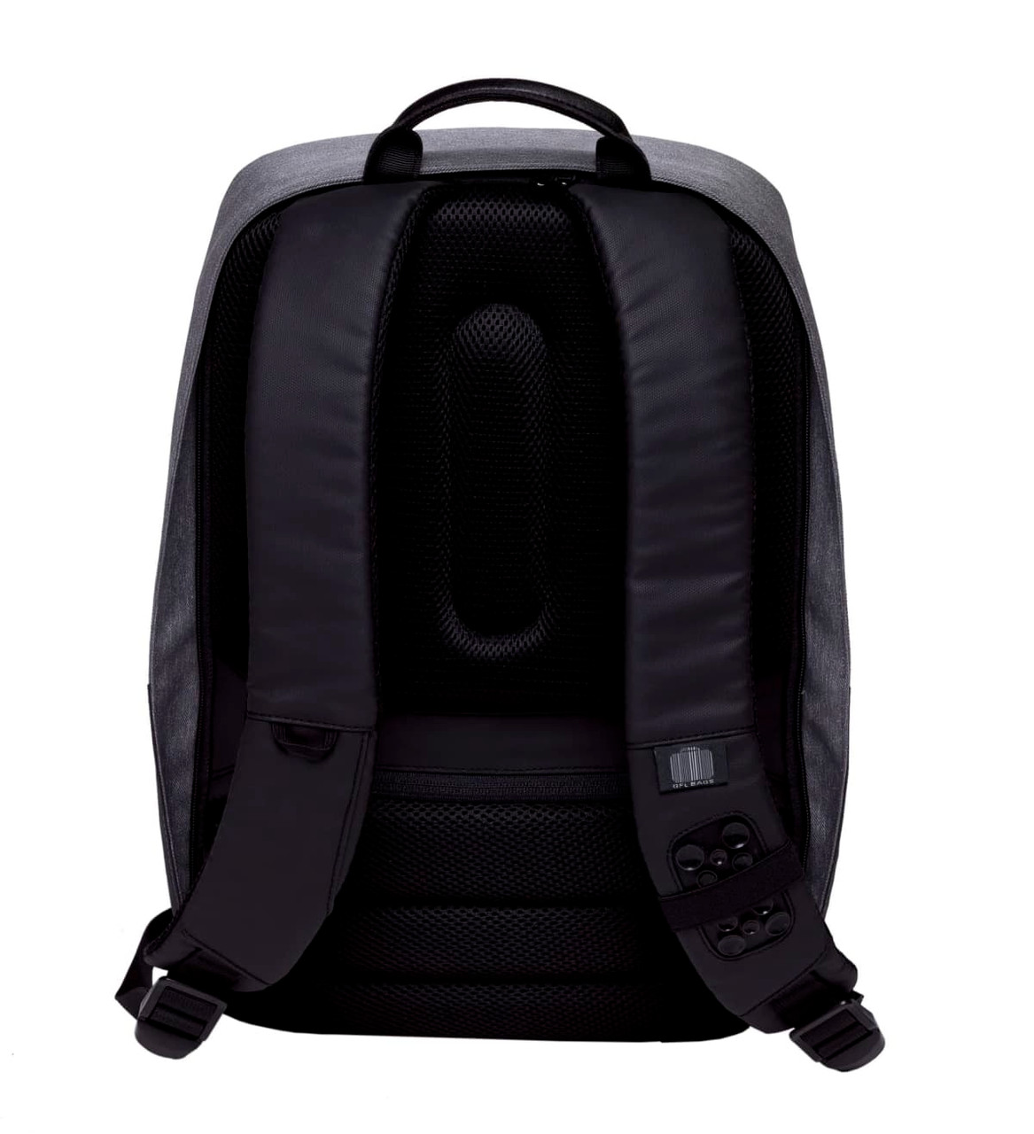A grey and black wired Compu backpack featuring padded shoulder straps and a mesh back panel. It has a logo.