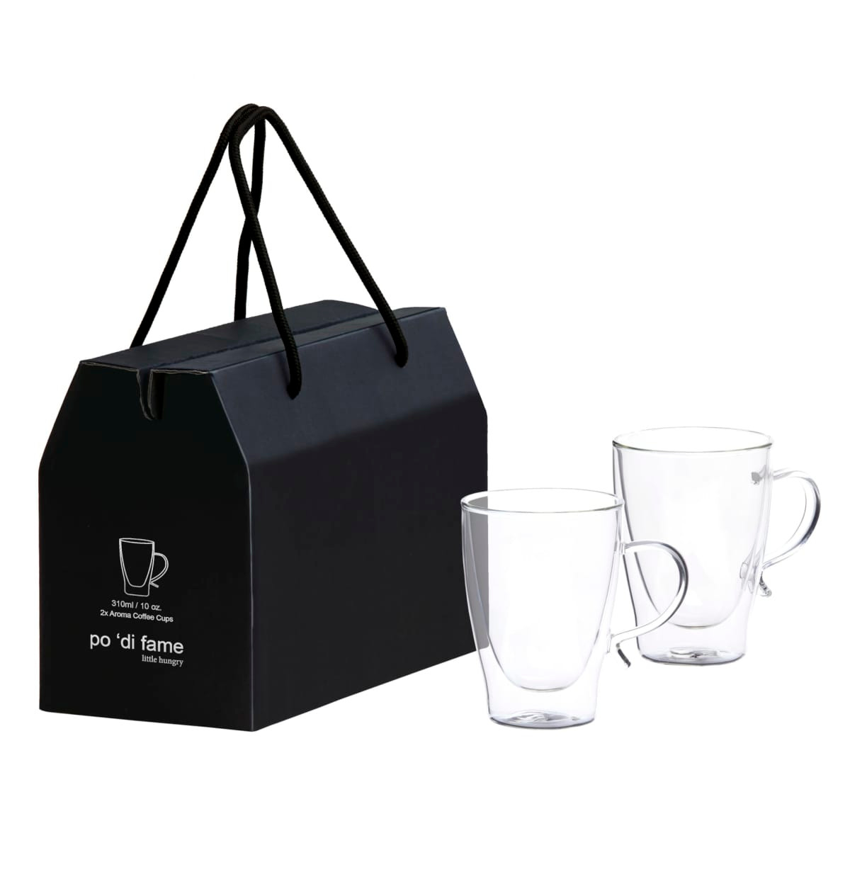A set of two clear glass coffee cups packaged in a black gift box with a handle.
