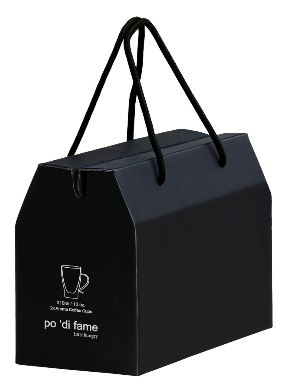 A black gift box with a handle, containing two Aroma Glass Coffee Cups. The box features branding and a simple design.