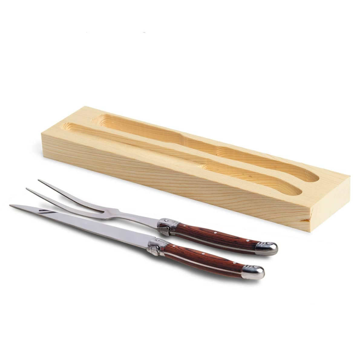 A Bordeaux carving set featuring stainless steel utensils with rich wooden handles, presented in a wooden storage box.