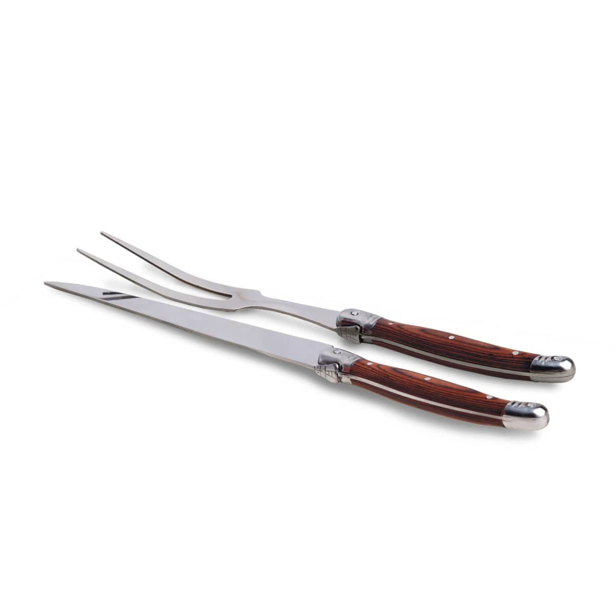 A stainless steel Bordeaux carving set with wooden handles, featuring a carving knife and fork, both elegantly designed.