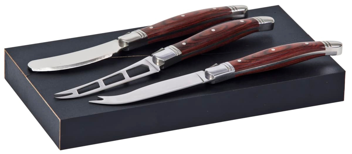 A set of three cheese knives with polished stainless steel blades and wooden handles, presented in a black box.