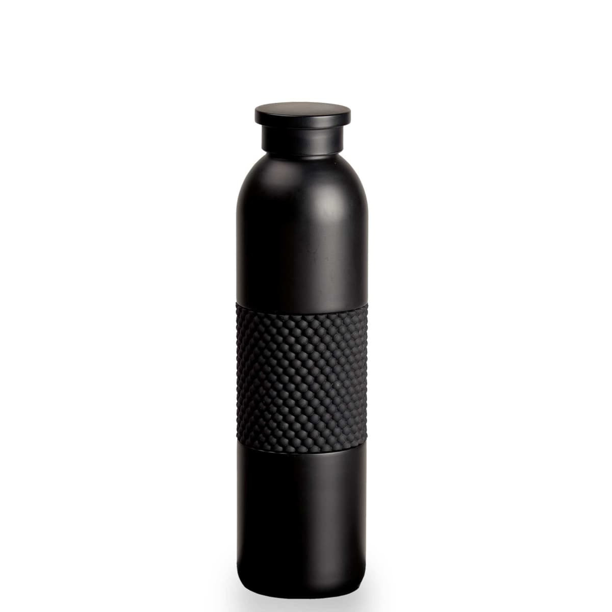 A drink bottle in matte black with a textured black grip band and a matching screw cap.