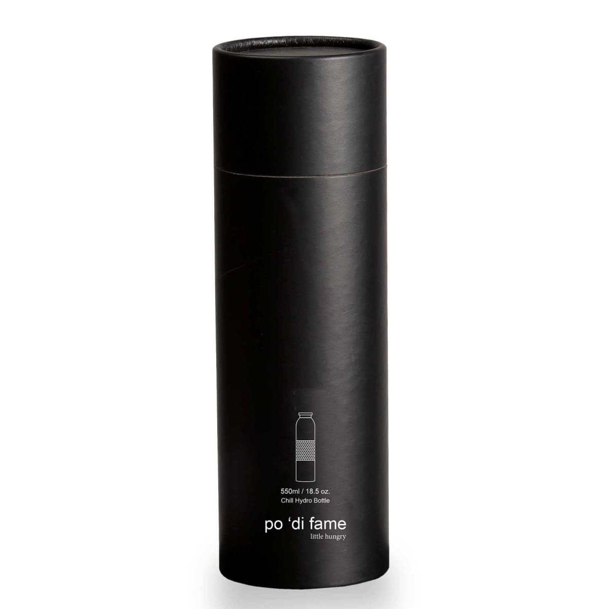 A drink bottle in a sleek black design with a cylindrical shape and a logo on the front.