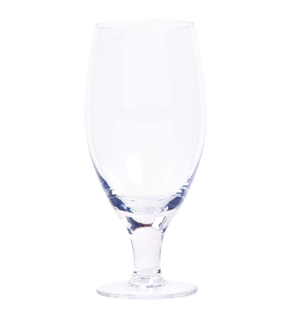 A clear glass beer glass with a tall, elegant shape and a sturdy base.
