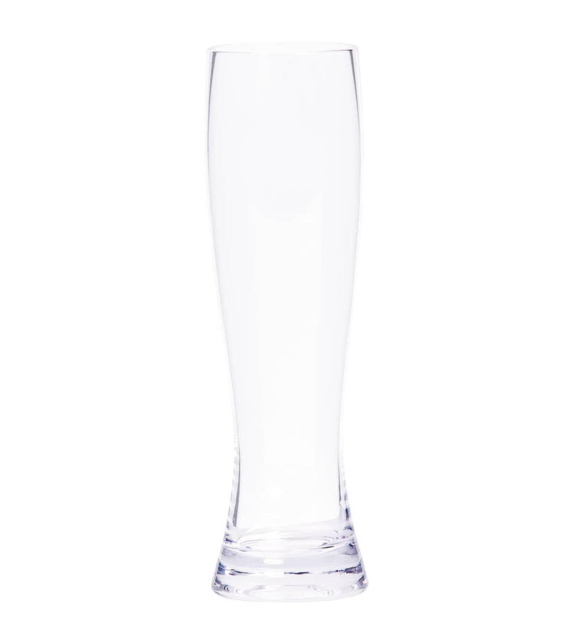 A clear glass beer glass with a tall, slender design and a thick base, featuring a logo.