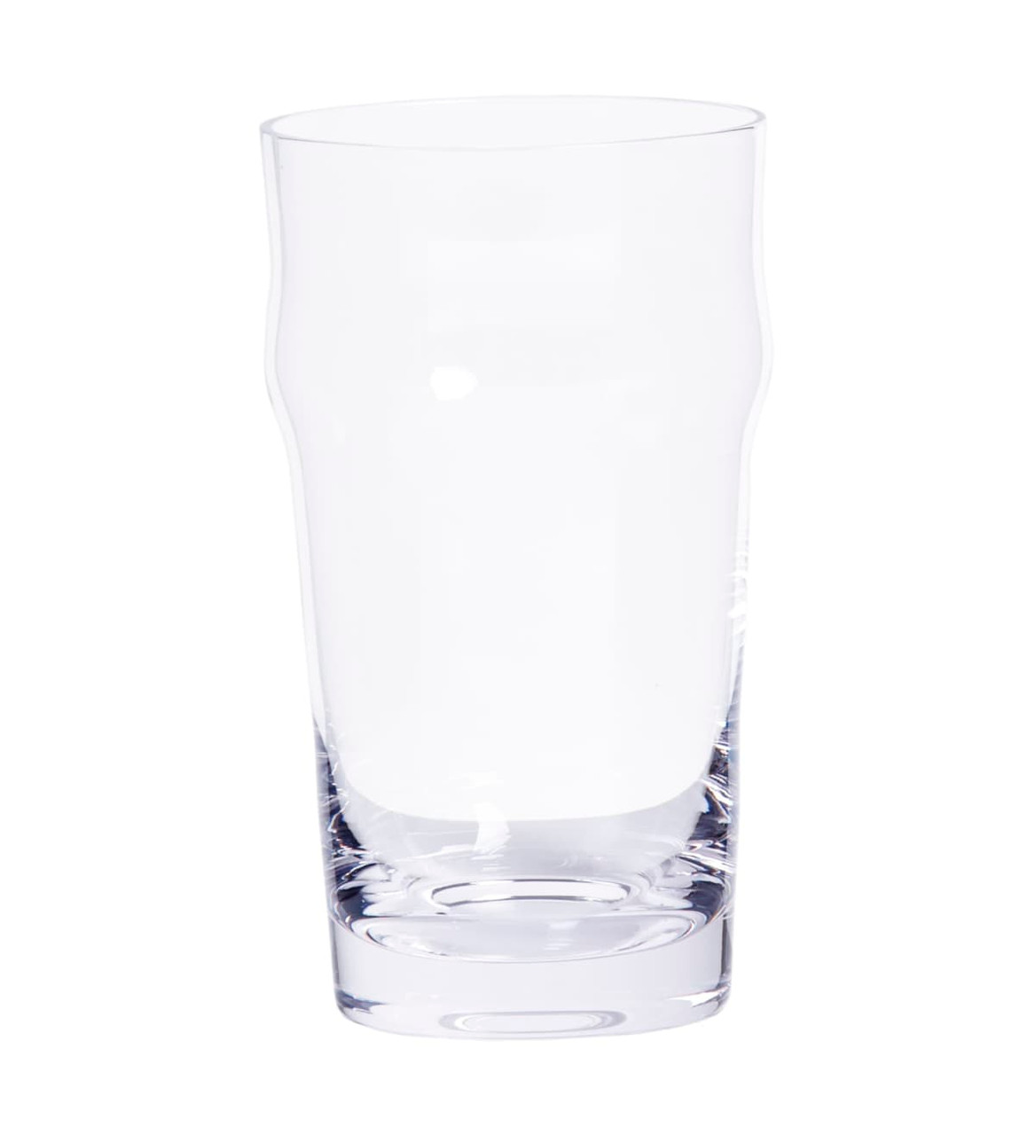 A clear glass beer glass with a tall, straight shape and a solid base, featuring a simple design.