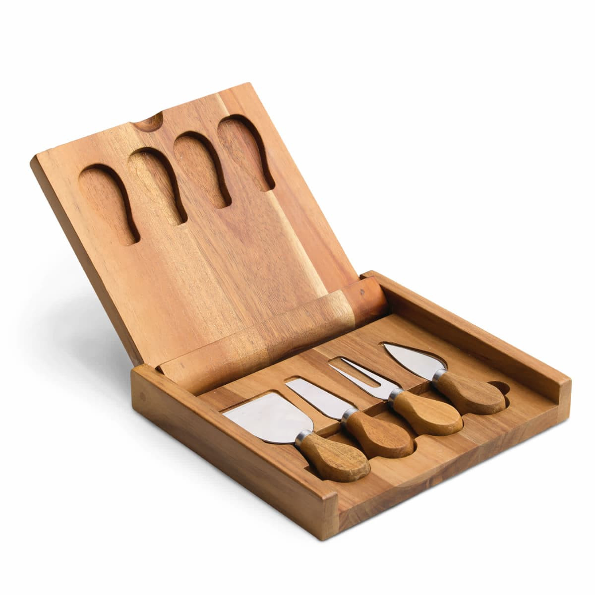 A clamshell cheese board in natural wood, featuring four cheese knives in a compartmentalised case.