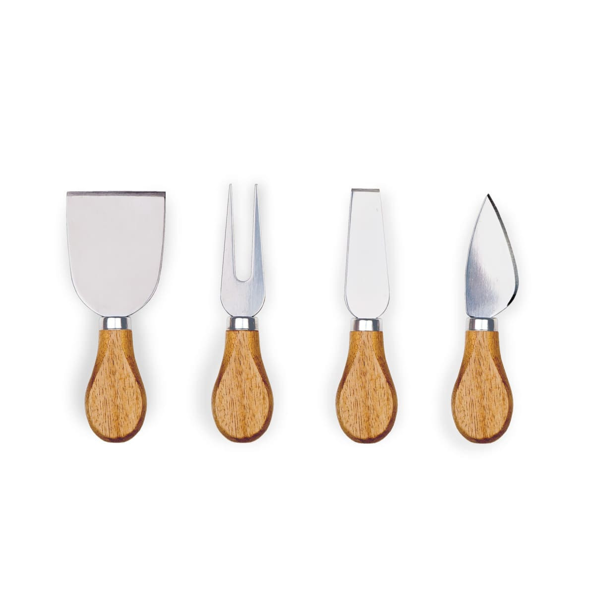 A set of four cheese knives with stainless steel blades and wooden handles, suitable for serving cheese.