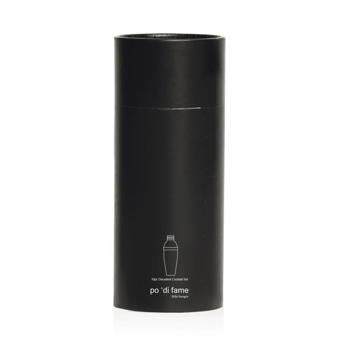 A black cylindrical container holding a 10-piece cocktail set, featuring a logo at the base.
