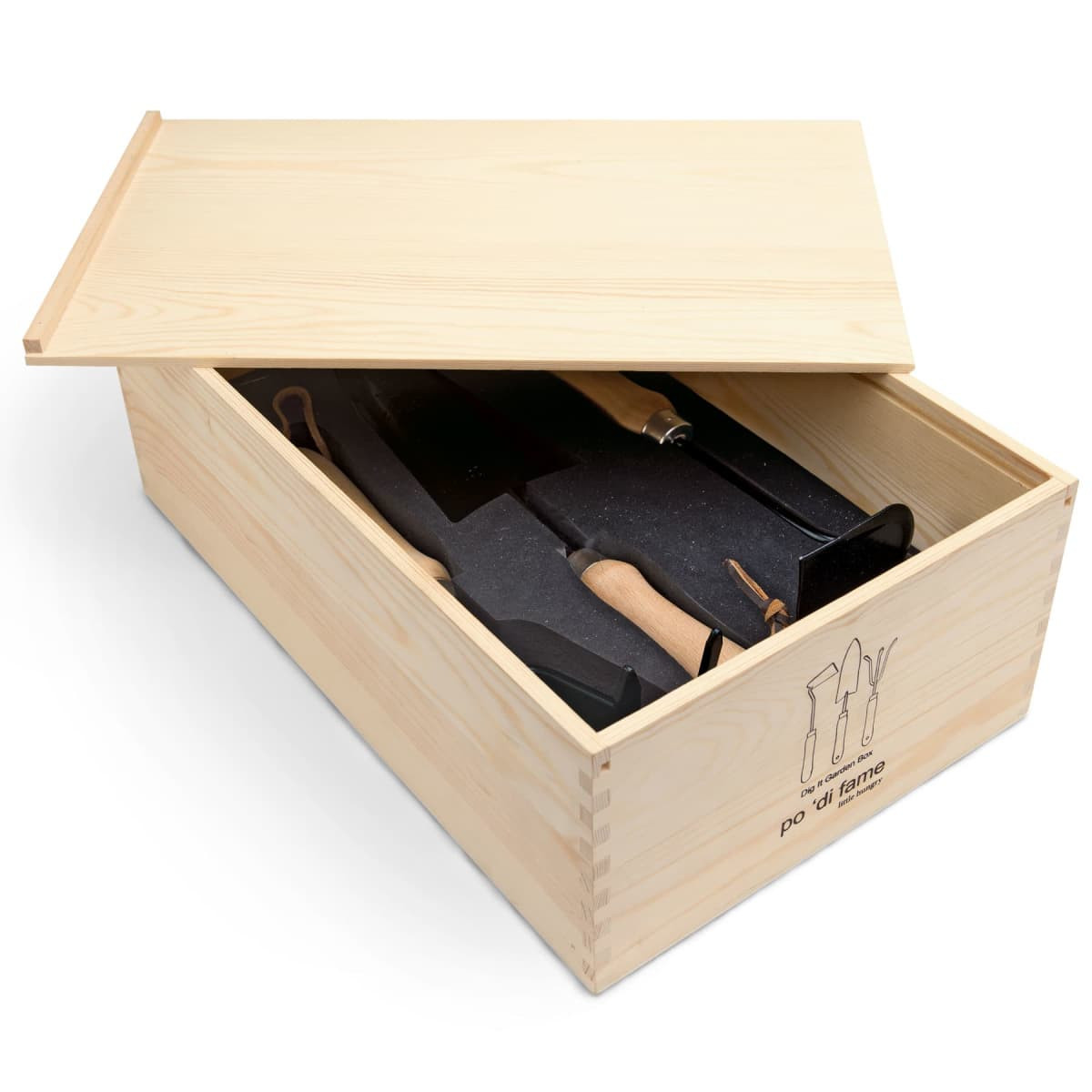 A wooden garden box with various gardening tools inside and a fitted black foam insert for protection.