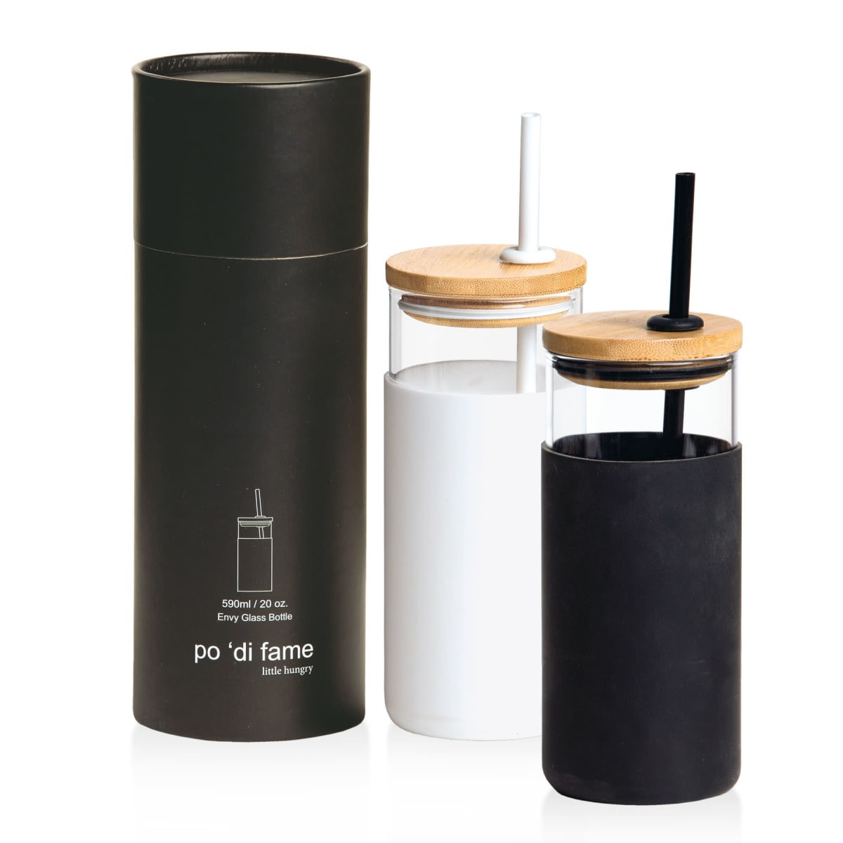 A drink bottle set including a black and a white glass bottle with wooden lids, packaged in a tall black container.