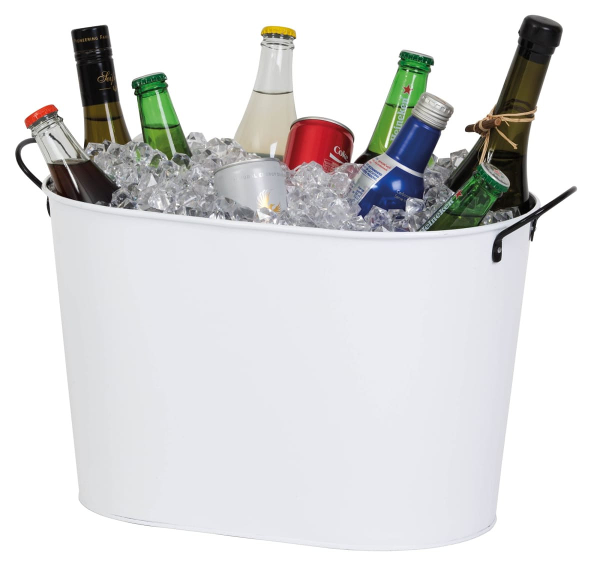 A white ice bucket filled with ice and various bottles, including beers and soft drinks. It has one logo visible.