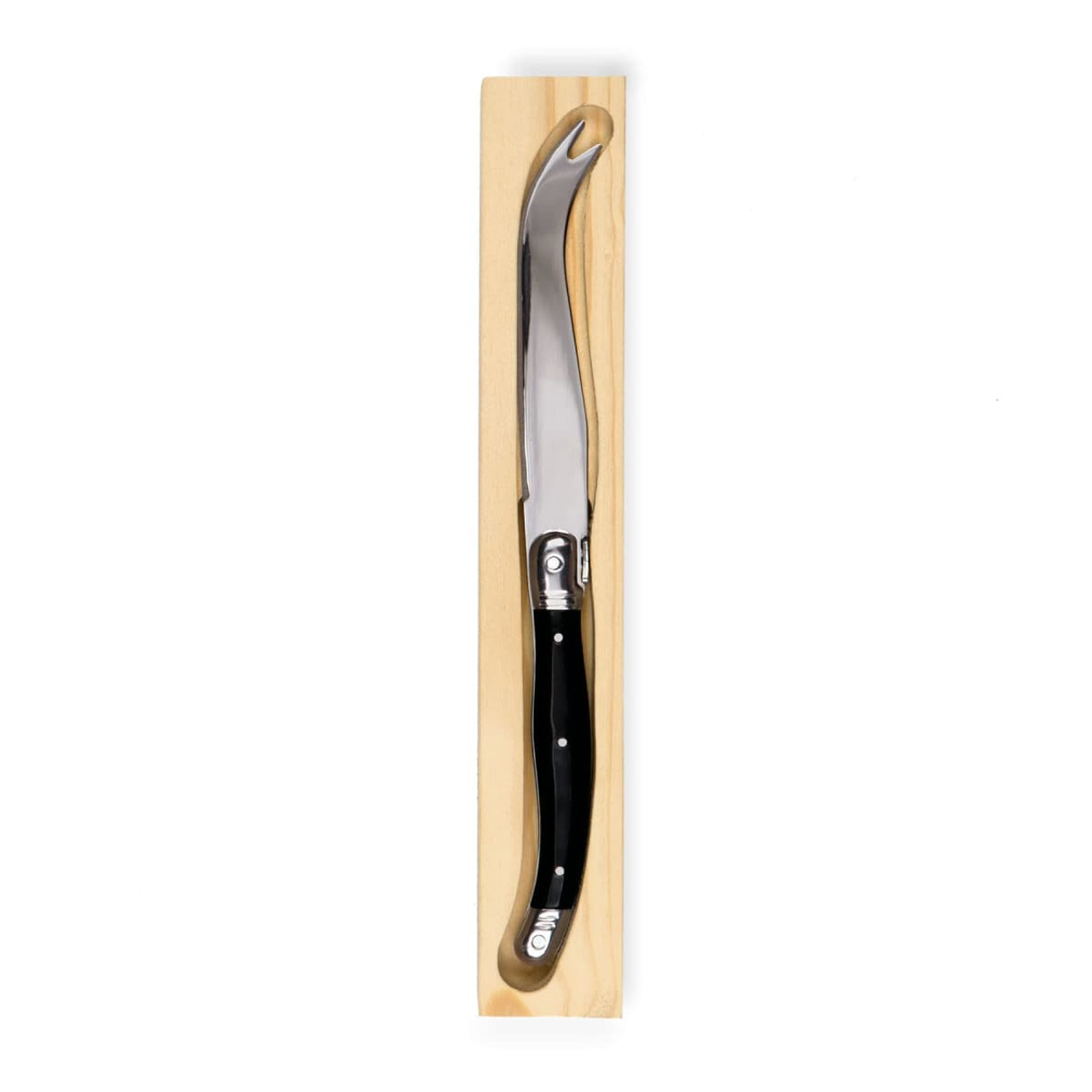 A Fetta cheese knife with a curved stainless steel blade and a black handle, displayed on a wooden base.
