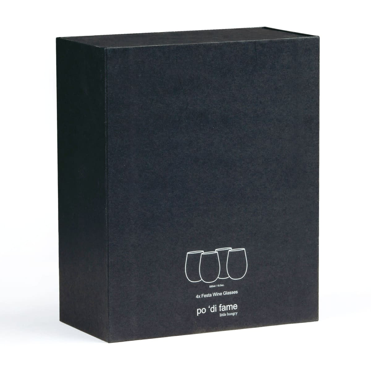 A black box containing a set of four Festive Wine Glasses, featuring a minimalist design. The box has a logo.