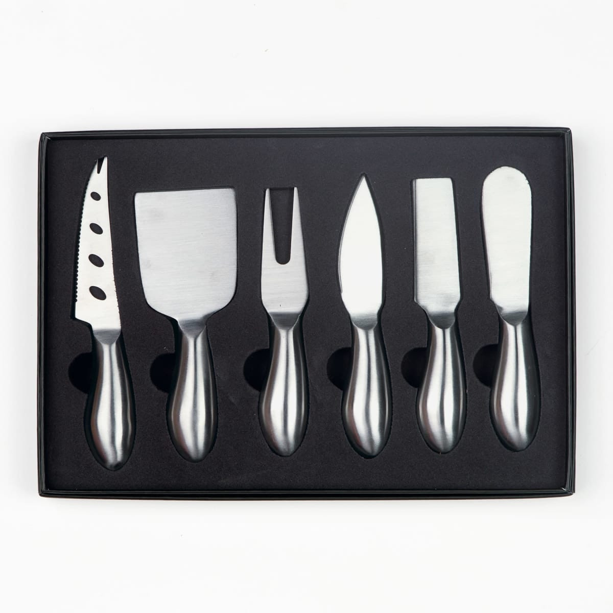 A six-piece cheese knife set with stainless steel blades and handles, presented in a black packaging.