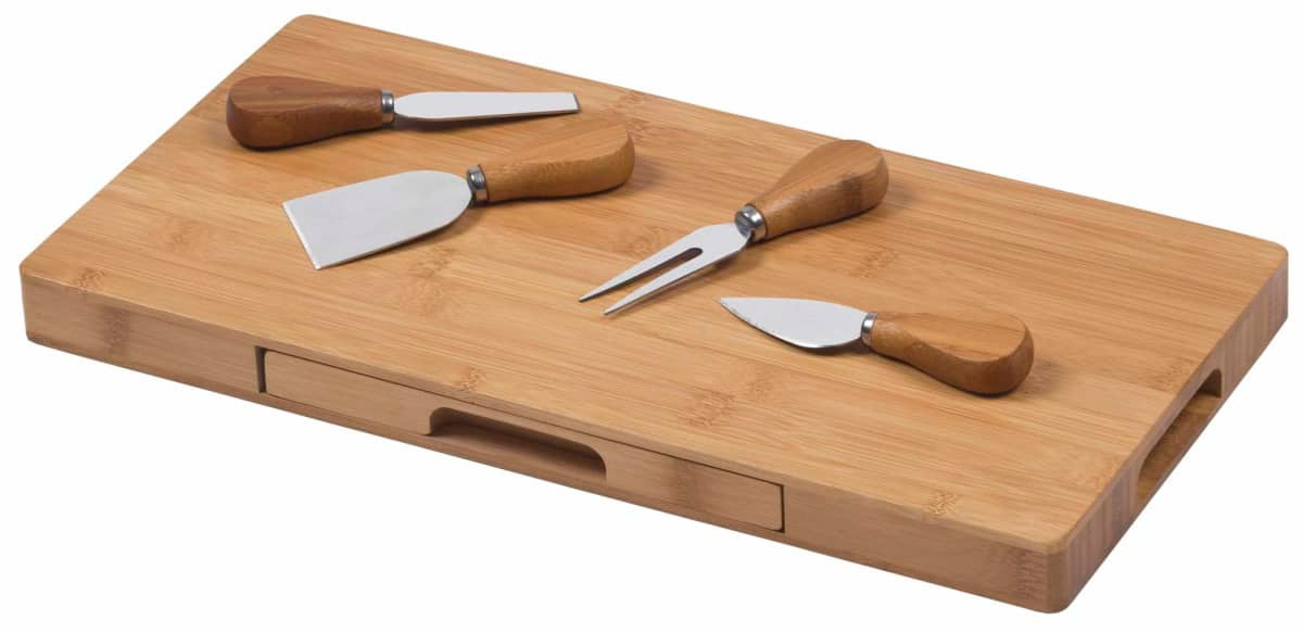 A bamboo cheese board set featuring four stainless steel cheese knives with wooden handles.