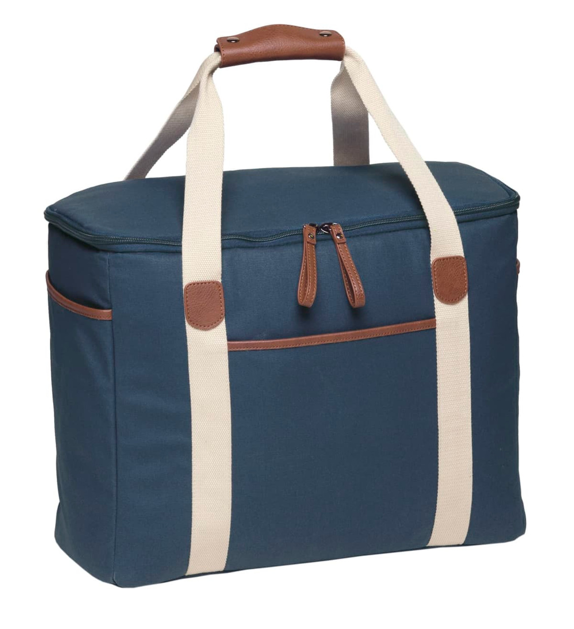 A navy cooler bag with a zippered top, cream straps, and a brown leather handle. It features a front pocket and a logo.