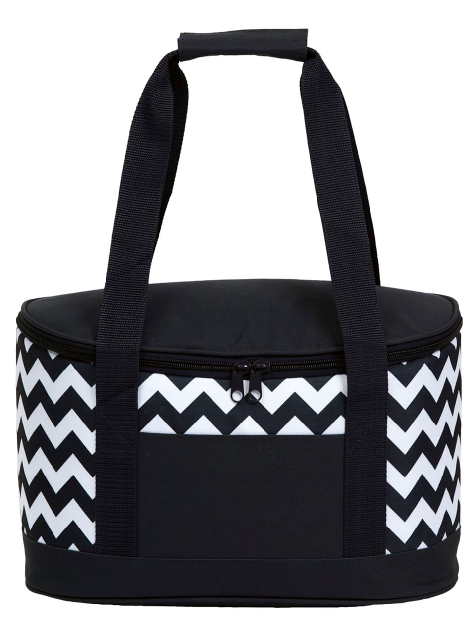 A round cooler bag featuring a black and white chevron design, with sturdy black straps and a zippered closure.