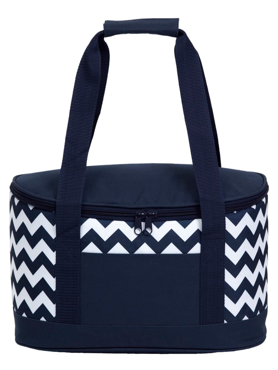 A round cooler bag featuring a navy blue and white chevron pattern with sturdy handles.