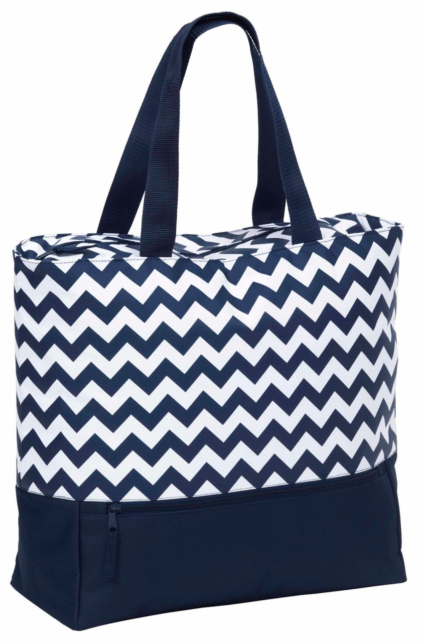 A navy and white chevron patterned tote bag with sturdy handles and a zippered pocket at the bottom.