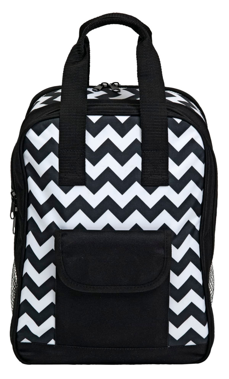 A black and white chevron-patterned cooler bag with a front pocket and mesh side pockets. It has two sturdy handles.