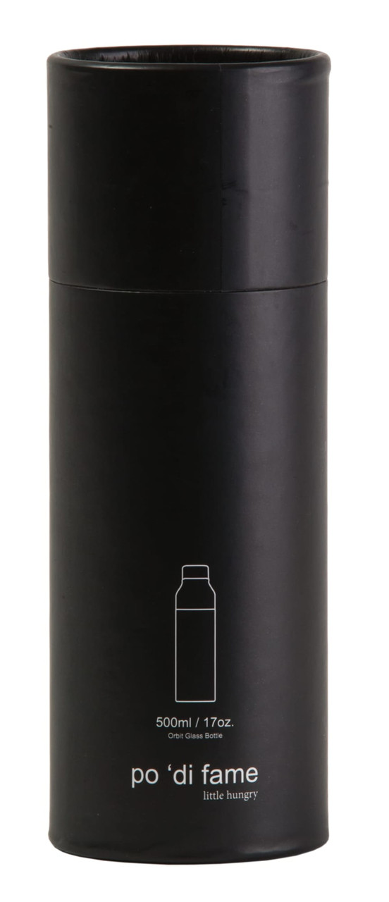 A drink bottle presented in a cylindrical black packaging. The bottle is transparent and has a black lid.