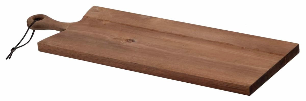 A wooden serving board with a natural finish and a handle, featuring a leather tie.