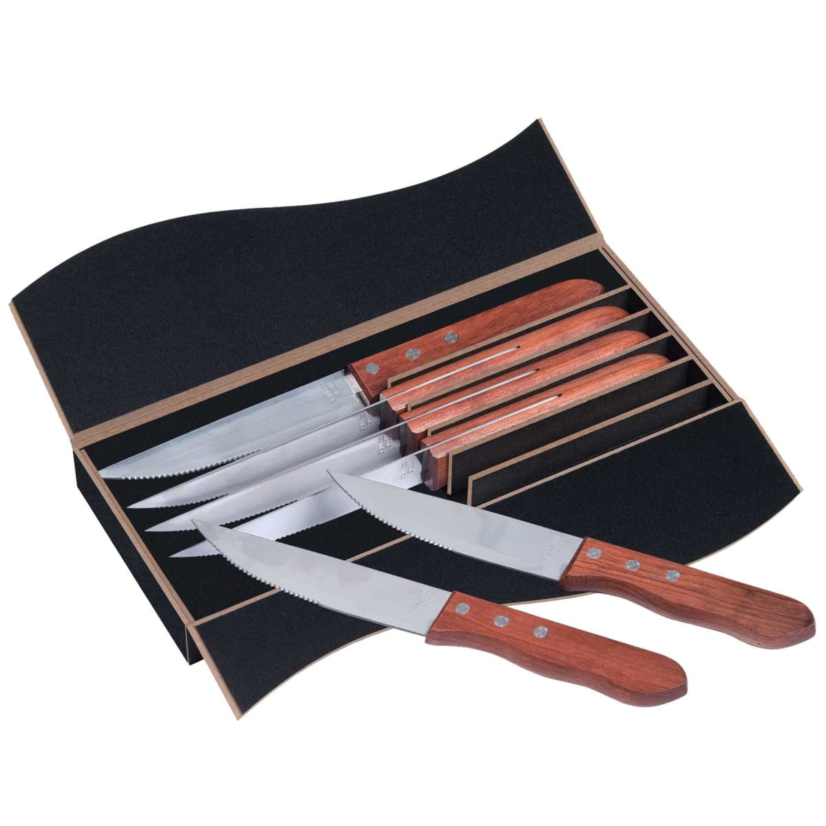 A steak knife set featuring six stainless steel knives with wooden handles, housed in a black and brown box.