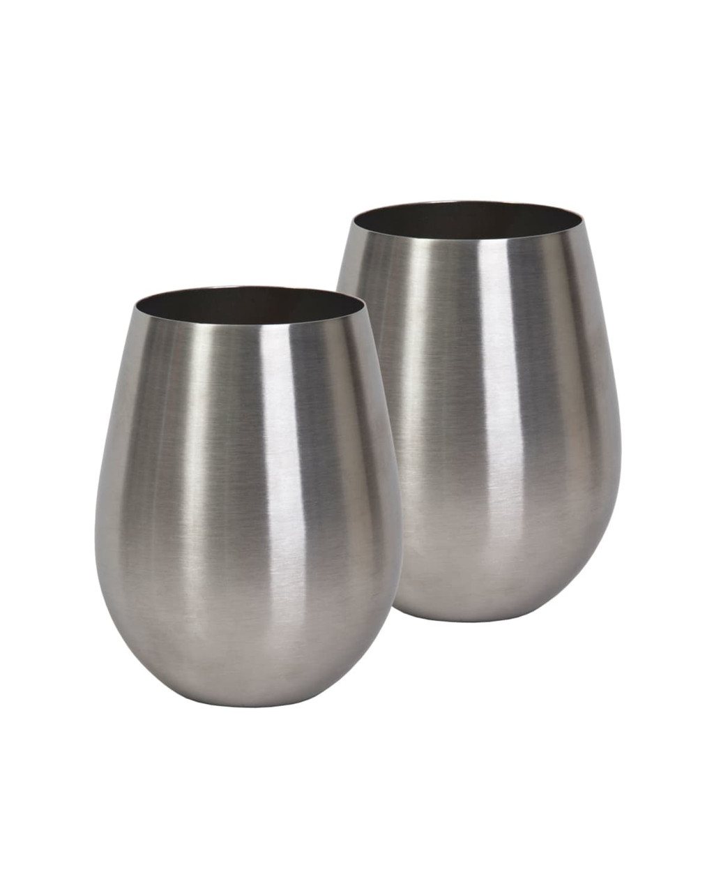 A set of two stemless stainless steel wine glasses with a brushed metallic finish.