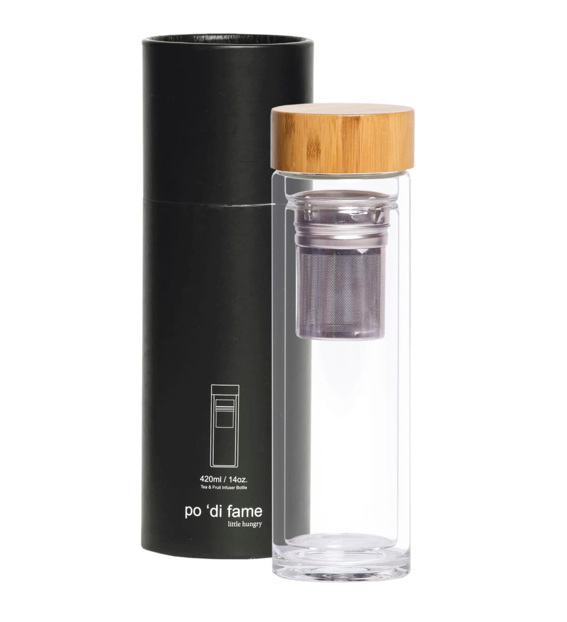 A drink bottle with a clear body, stainless steel infuser, and a bamboo lid, packaged in a black cylindrical box.