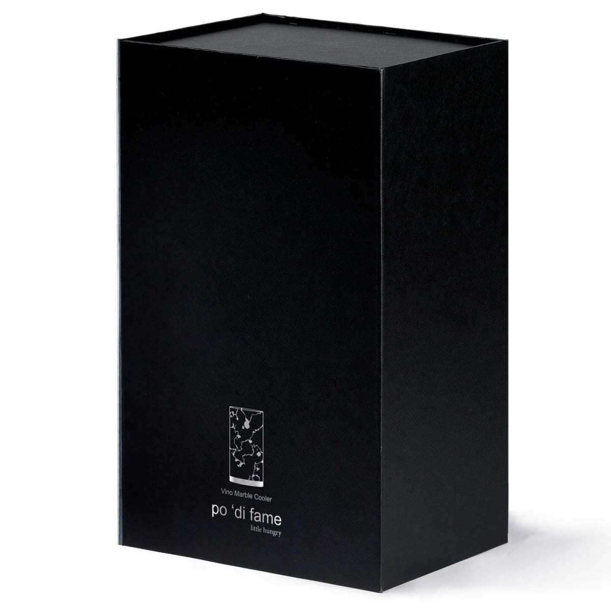 A sleek black box containing the Vino Marble Cooler, featuring a minimalistic design and a logo on the front.