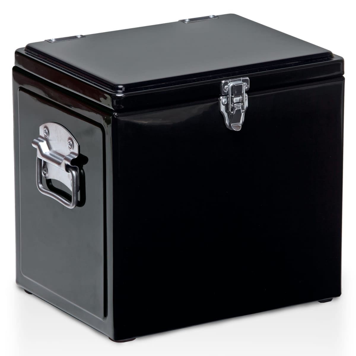 A black vintage cooler box with a silver handle and latch, suitable for leisure and outdoor use.