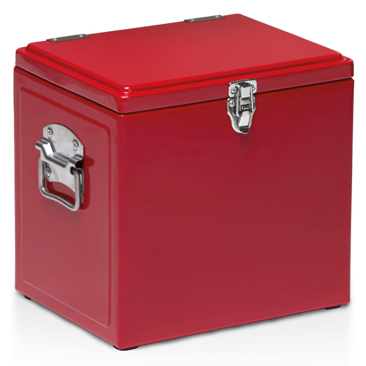 A red vintage cooler box with a metal handle and clasp, featuring a shiny, smooth finish.