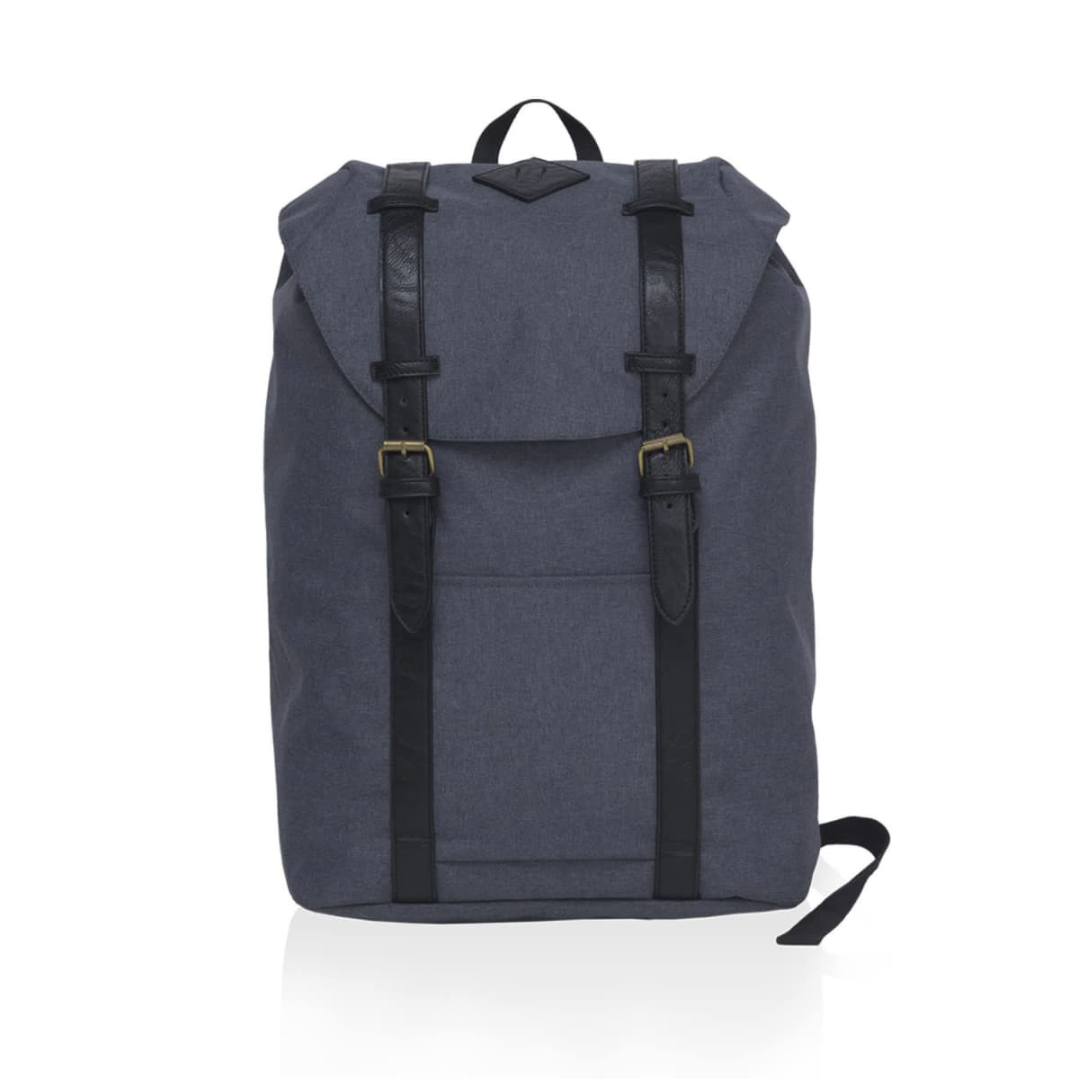 A grey front-side backpack with black straps and a flap closure. It features a logo on the front.