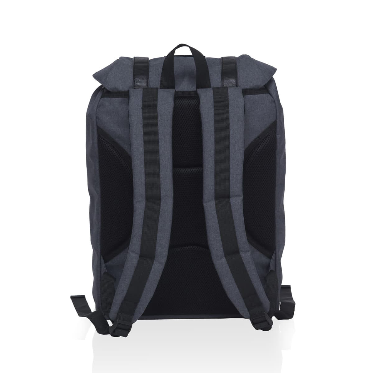 A grey front-side backpack with padded shoulder straps and mesh detailing on the back. It features a logo.