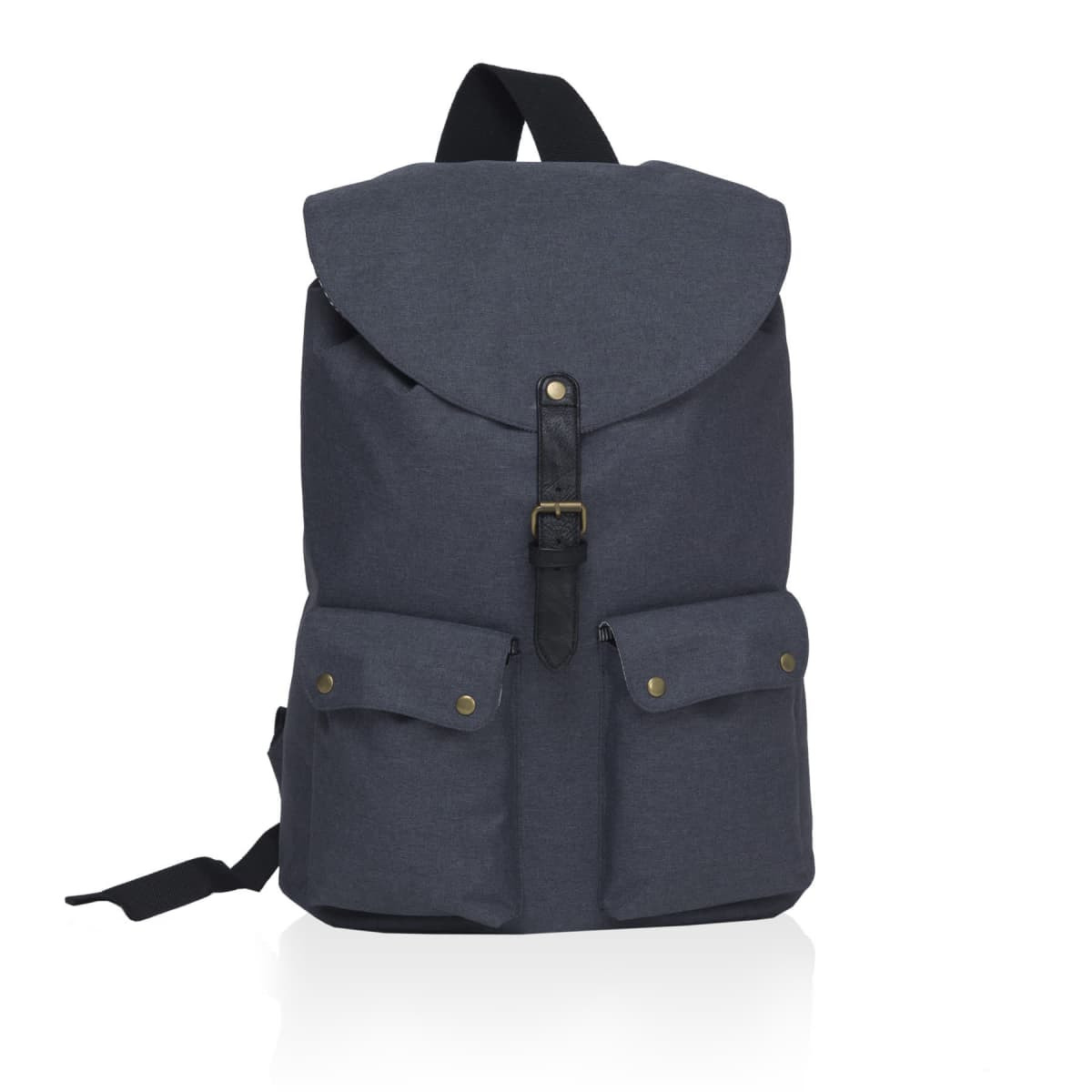 A dark grey backpack featuring a flap closure and two front pockets, with a buckle fastening and a logo.