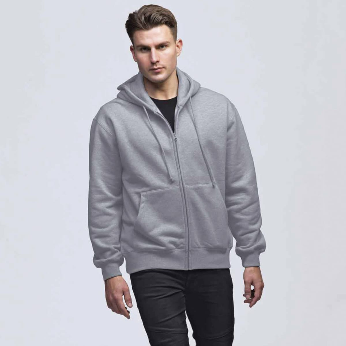 A light grey vintage hoodie featuring a zip front and large front pockets, worn by a male model.