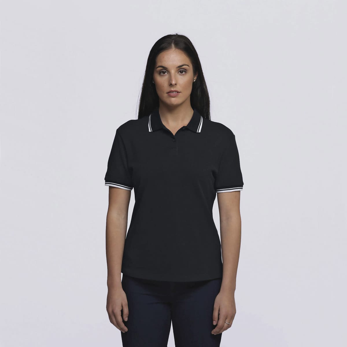 A black polo shirt with white detailing and a logo, designed for women.